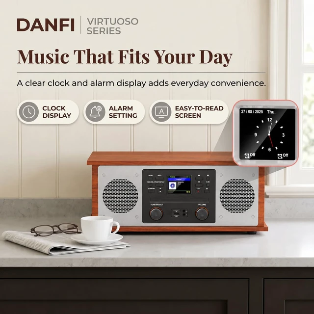 Alt view image 6 of 7 - 10 in 1 Record Player Multimedia with Speakers, CD Player, Bluetooth Receiver, Internet Radio, USB Recording, 3-Speed Turntable, Alarm Clock, Sleep Timer, RCA Line Out, Red Wood Music Center