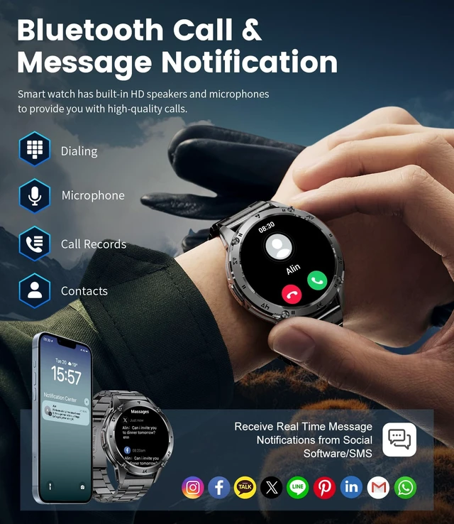 Alt view image 3 of 7 - Military Smart Watch for Men iPhone Android Health Mens Smartwatch A 1.43"HD Amoled Rugged 120+ Sport Modes IP74 Waterproof Answer/Make Call Fitness running heart rate blood pressure