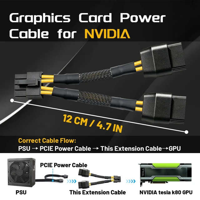 Alt view image 4 of 7 - NVIDIA Graphics Card Power Sleeved Cable CPU 8 Pin Male to Dual PCIe 8 Pin Female Adapter for Tesla K80/M40/M60/P40/P100 4.8-inch(12.2cm) (2-Pack)