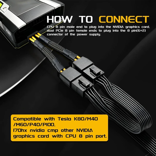 Alt view image 5 of 7 - NVIDIA Graphics Card Power Sleeved Cable CPU 8 Pin Male to Dual PCIe 8 Pin Female Adapter for Tesla K80/M40/M60/P40/P100 4.8-inch(12.2cm) (2-Pack)