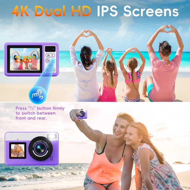 Alt view image 4 of 7 - D70 4K Underwater Digital Camera - 48MP 10FT Waterproof Camera for Snorkeling - Dual Screen Selfie Compact Floatable Camera with 32GB Card - Point and Shoot Digital Cam - Purple