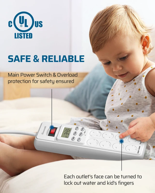 Alt view image 6 of 7 - 8 Outlet Power Strip with Timer, 6FT Cord for Bearded Dragon Tank 4 Timed & 4 Always On, 14/3 AWG,15A Indoor Digital Outlet for Reptile Light,Turtle Grow Light,Aquarium,UL Listed