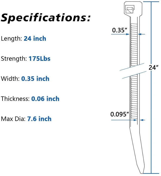 Alt view image 4 of 7 - Long Zip Ties Heavy Duty 24 Inch, 175 Lb Strong Large Cable Ties 100 Pcs Long Tie Wraps for Binding Fences, Awnings Tying, HVAC, Fixed Water Pipes,UV Resistant