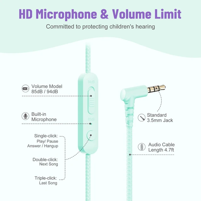 Alt view image 3 of 7 - 3.5mm Kids Headphones Wired with Mic & Share Port, 85/94dB Limited Student Childs Boys Girls Corded Head phones Foldable for Chromebooks Laptop Phones MP3 Green/Purple