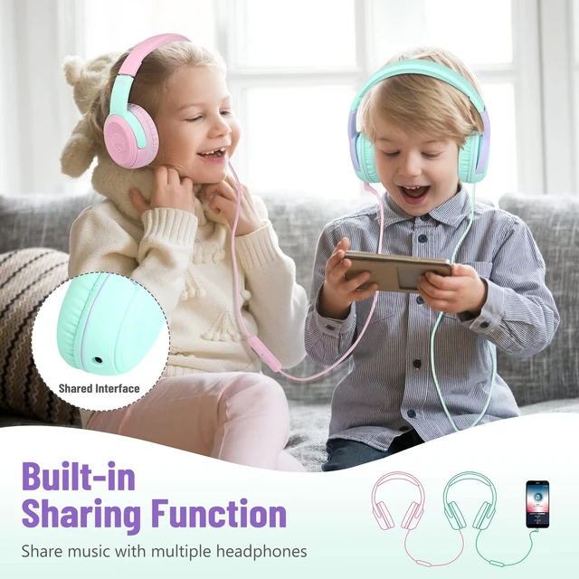Alt view image 4 of 7 - 3.5mm Kids Headphones Wired with Mic & Share Port, 85/94dB Limited Student Childs Boys Girls Corded Head phones Foldable for Chromebooks Laptop Phones MP3 Green/Purple