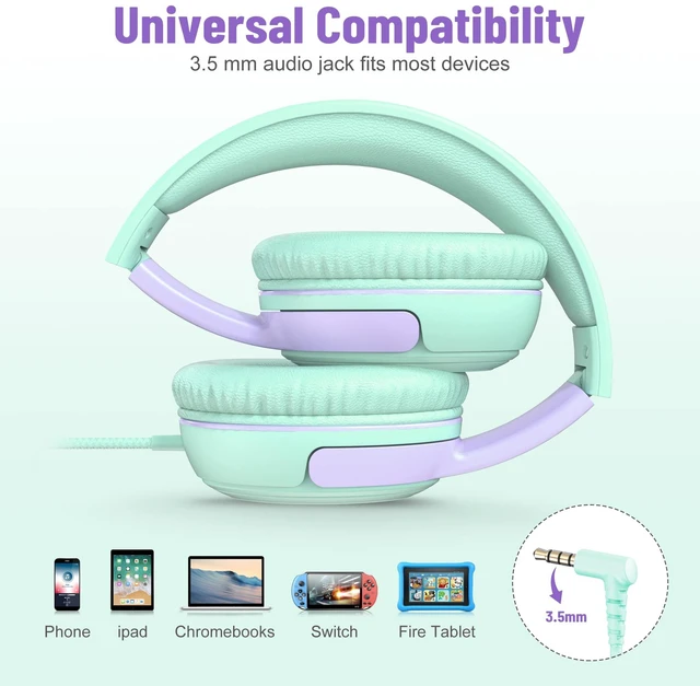Alt view image 6 of 7 - 3.5mm Kids Headphones Wired with Mic & Share Port, 85/94dB Limited Student Childs Boys Girls Corded Head phones Foldable for Chromebooks Laptop Phones MP3 Green/Purple