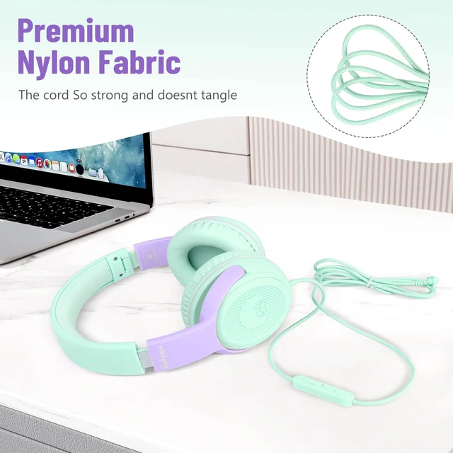 Alt view image 7 of 7 - 3.5mm Kids Headphones Wired with Mic & Share Port, 85/94dB Limited Student Childs Boys Girls Corded Head phones Foldable for Chromebooks Laptop Phones MP3 Green/Purple