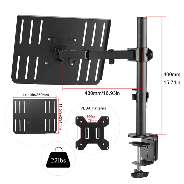 Alt view image 3 of 7 - Laptop Notebook Desk Mount Stand, Adjustable Single Monitor Laptop Arm Mount with Ventilated Tray,up to 17 inch,Holds up to 22 lbs