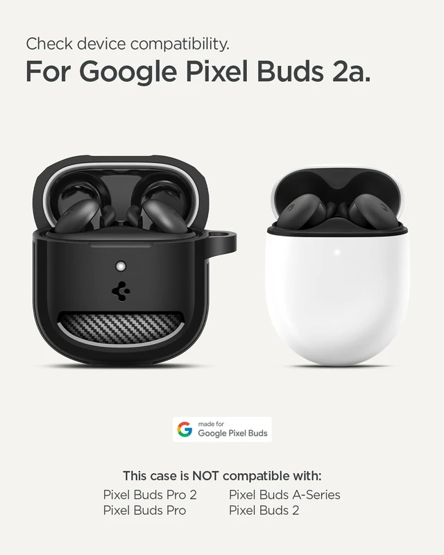 Alt view image 2 of 7 - Rugged Armor Designed for Google Pixel Buds 2a Case (2025) TPU & PC Dual Layer, Drop Protection, Carbon-fiber Accent. Included Carabiner - Matte Black