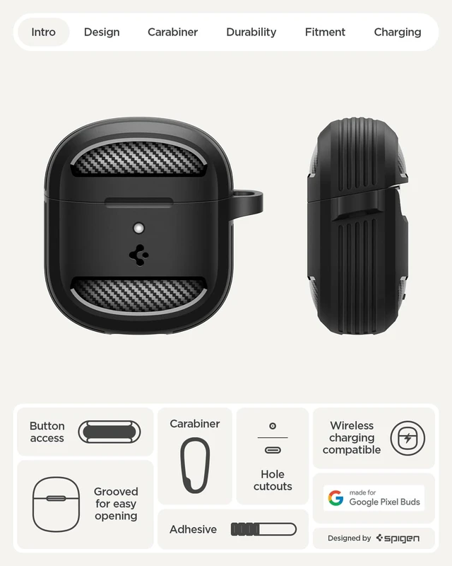 Alt view image 3 of 7 - Rugged Armor Designed for Google Pixel Buds 2a Case (2025) TPU & PC Dual Layer, Drop Protection, Carbon-fiber Accent. Included Carabiner - Matte Black