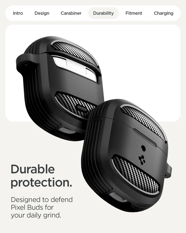 Alt view image 6 of 7 - Rugged Armor Designed for Google Pixel Buds 2a Case (2025) TPU & PC Dual Layer, Drop Protection, Carbon-fiber Accent. Included Carabiner - Matte Black