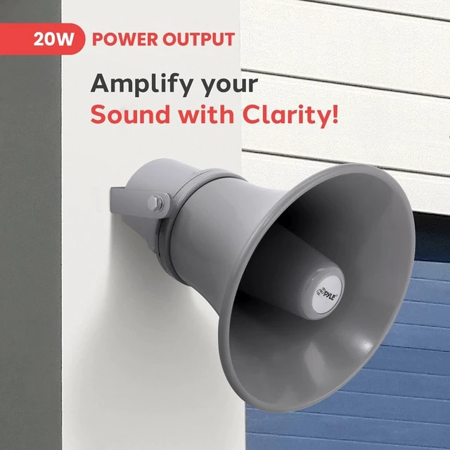 Alt view image 2 of 7 - Indoor Outdoor PA Horn Speaker - 9.7 Inch 20-Watt Power Compact Loud Sound Megaphone w/ 400Hz-5KHz Frequency, 8 Ohm, 70V Transformer, Mounting For 70V Audio System - Home PHSP101T (Gray)