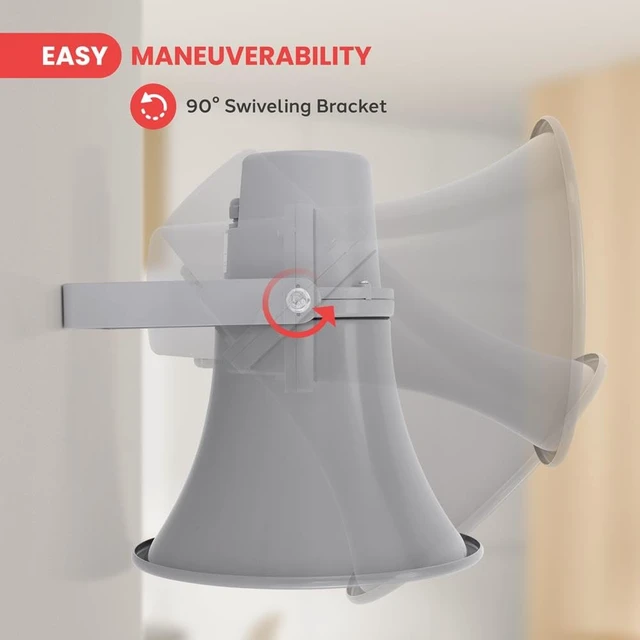 Alt view image 3 of 7 - Indoor Outdoor PA Horn Speaker - 9.7 Inch 20-Watt Power Compact Loud Sound Megaphone w/ 400Hz-5KHz Frequency, 8 Ohm, 70V Transformer, Mounting For 70V Audio System - Home PHSP101T (Gray)