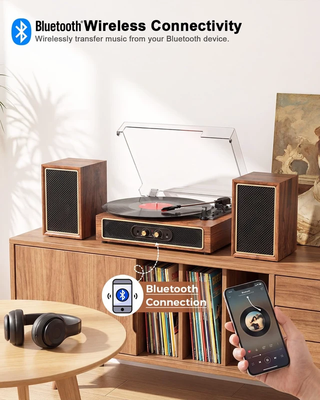 Alt view image 2 of 7 - Bluetooth Vinyl Record Player with Stereo External Speakers Vintage 3-Speed Belt Drive Turntable for Vinyl Records Two Stereo Speakers USB/SD Recording RCA Line-Out& AUX-in, Headphone Jack, Retro