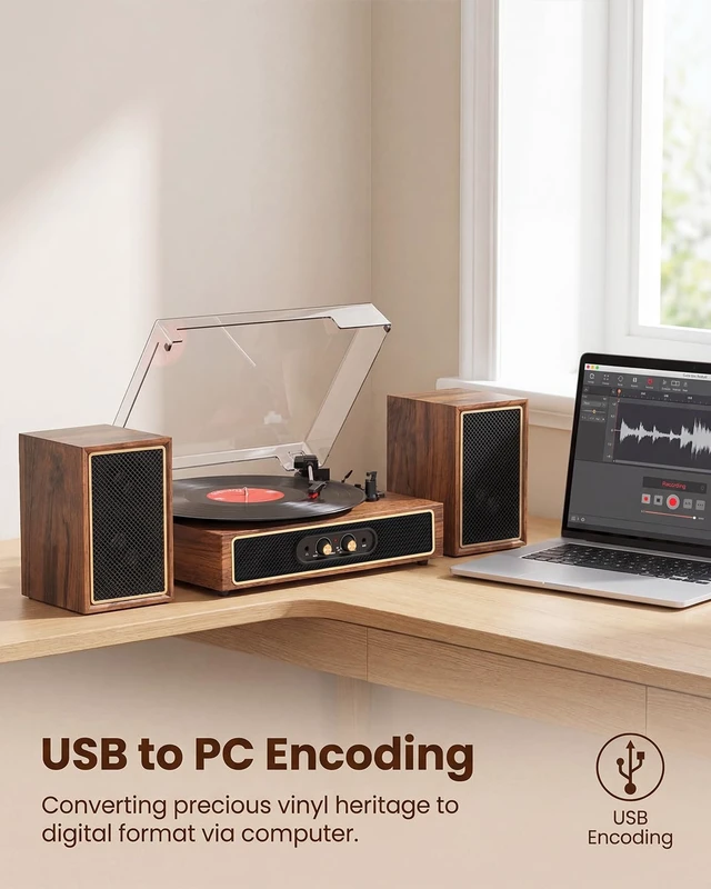 Alt view image 4 of 7 - Bluetooth Vinyl Record Player with Stereo External Speakers Vintage 3-Speed Belt Drive Turntable for Vinyl Records Two Stereo Speakers USB/SD Recording RCA Line-Out& AUX-in, Headphone Jack, Retro