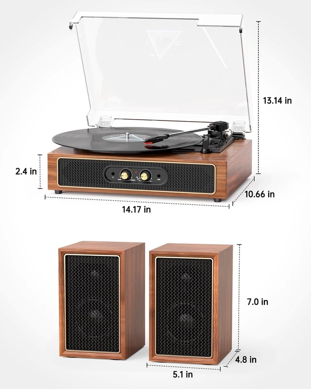 Alt view image 5 of 7 - Bluetooth Vinyl Record Player with Stereo External Speakers Vintage 3-Speed Belt Drive Turntable for Vinyl Records Two Stereo Speakers USB/SD Recording RCA Line-Out& AUX-in, Headphone Jack, Retro