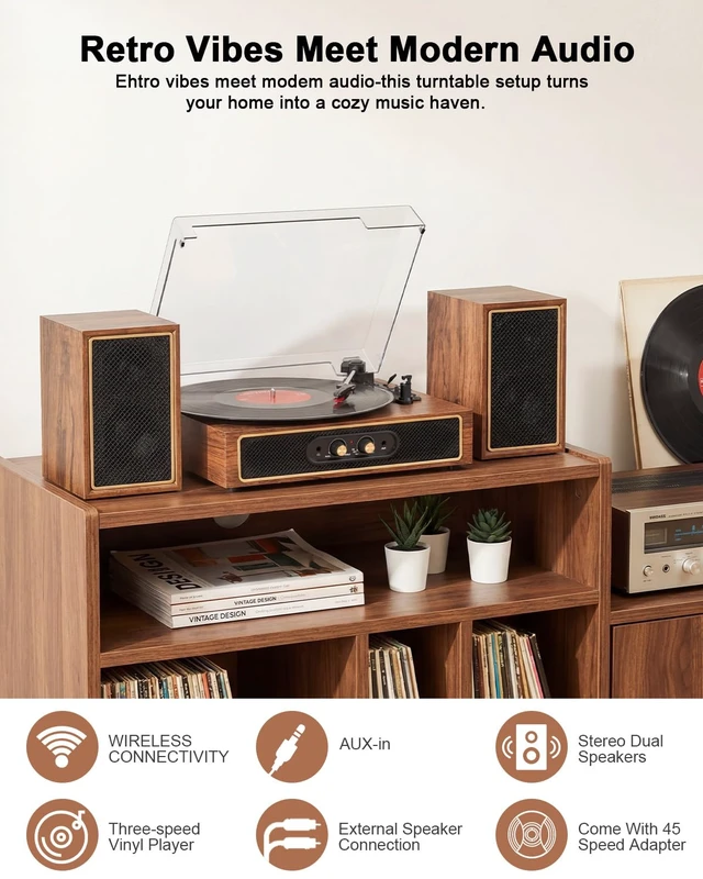 Alt view image 6 of 7 - Bluetooth Vinyl Record Player with Stereo External Speakers Vintage 3-Speed Belt Drive Turntable for Vinyl Records Two Stereo Speakers USB/SD Recording RCA Line-Out& AUX-in, Headphone Jack, Retro