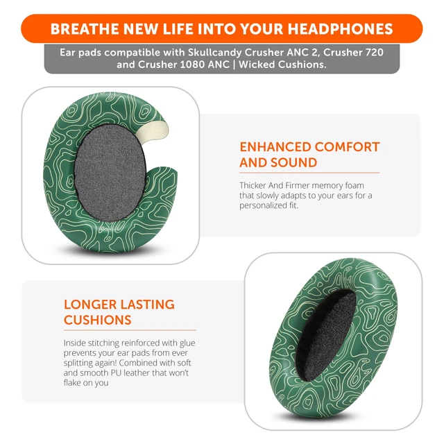 Alt view image 4 of 7 - PadZ Crusher ANC 2 - Replacement Earpads for Skullcandy Crusher ANC 2 Made by Wicked Cushions Also Fits Crusher 720 and 1080 Enhanced Comfort & Sound Isolation Emerald Tide