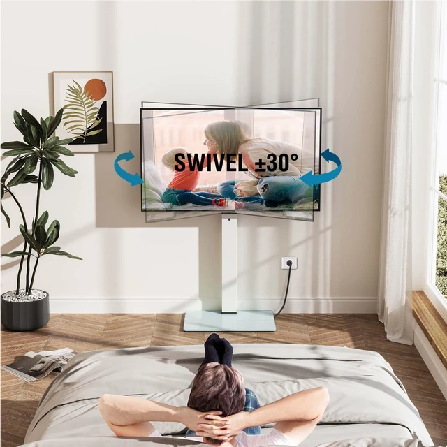 Alt view image 2 of 7 - Floor TV Stand for 32-75 Inch TVs with Power Outlets, White Tall TV Stand for Bedroom Living Room with Tempered Glass Base, Floor TV Mount Holds up to 88lb, Fit for Max VESA 600x400mm