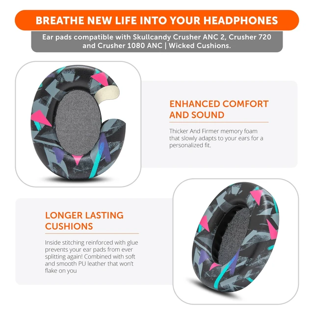 Alt view image 4 of 7 - PadZ Crusher ANC 2 - Replacement Earpads for Skullcandy Crusher ANC 2 Made by Wicked Cushions Also Fits Crusher 720 and 1080 Enhanced Comfort & Sound Isolation 90's Black