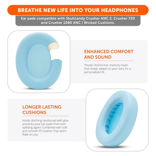 Alt view image 4 of 7 - PadZ Crusher ANC 2 - Replacement Earpads for Skullcandy Crusher ANC 2 Made by Wicked Cushions Also Fits Crusher 720 and 1080 Enhanced Comfort & Sound Isolation Preppy Blue