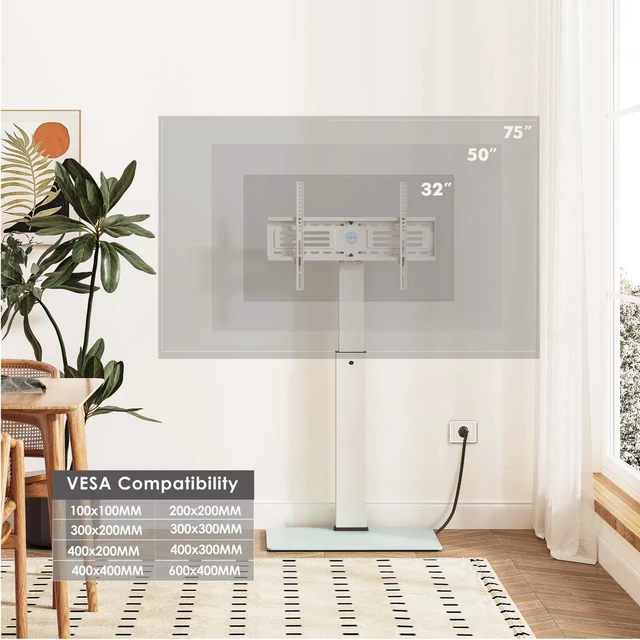 Alt view image 5 of 7 - Floor TV Stand for 32-75 Inch TVs with Power Outlets, White Tall TV Stand for Bedroom Living Room with Tempered Glass Base, Floor TV Mount Holds up to 88lb, Fit for Max VESA 600x400mm