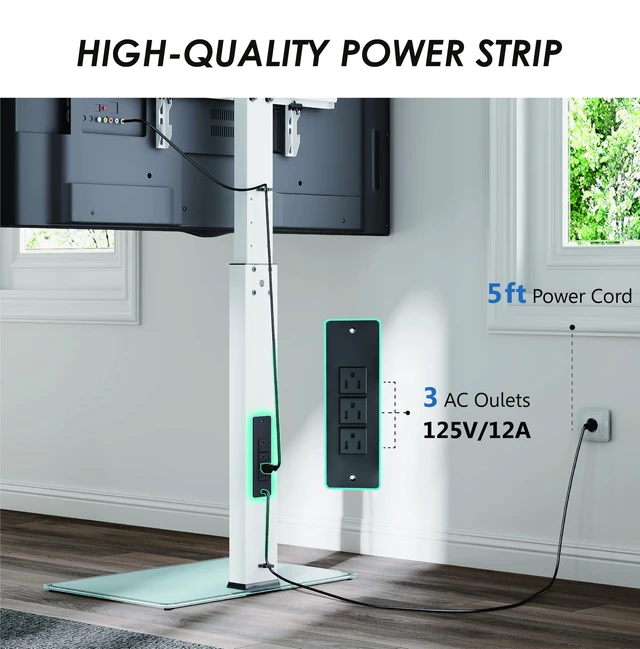 Alt view image 4 of 7 - Floor TV Stand for 32-75 Inch TVs with Power Outlets, White Tall TV Stand for Bedroom Living Room with Tempered Glass Base, Floor TV Mount Holds up to 88lb, Fit for Max VESA 600x400mm