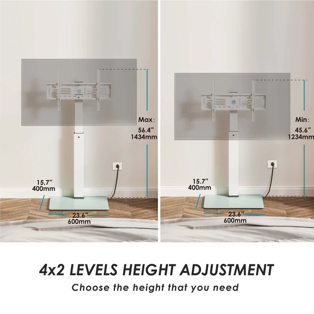 Alt view image 6 of 7 - Floor TV Stand for 32-75 Inch TVs with Power Outlets, White Tall TV Stand for Bedroom Living Room with Tempered Glass Base, Floor TV Mount Holds up to 88lb, Fit for Max VESA 600x400mm