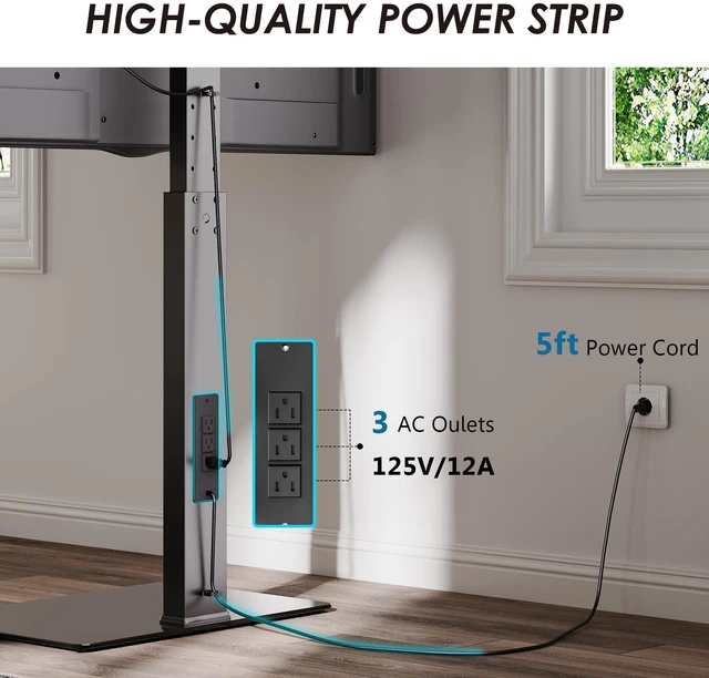 Alt view image 4 of 7 - Floor TV Stand for 32-75 Inch TVs with Power Outlets, Black Tall TV Stand for Bedroom Living Room with Tempered Glass Base, Floor TV Mount Holds up to 88lb, Fit for Max VESA 600x400mm