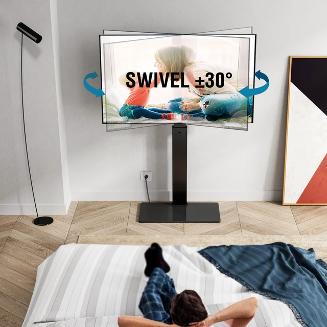 Alt view image 2 of 7 - Floor TV Stand for 32-75 Inch TVs with Power Outlets, Black Tall TV Stand for Bedroom Living Room with Tempered Glass Base, Floor TV Mount Holds up to 88lb, Fit for Max VESA 600x400mm