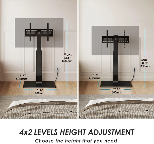 Alt view image 6 of 7 - Floor TV Stand for 32-75 Inch TVs with Power Outlets, Black Tall TV Stand for Bedroom Living Room with Tempered Glass Base, Floor TV Mount Holds up to 88lb, Fit for Max VESA 600x400mm