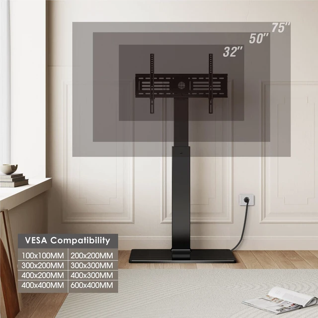 Alt view image 5 of 7 - Floor TV Stand for 32-75 Inch TVs with Power Outlets, Black Tall TV Stand for Bedroom Living Room with Tempered Glass Base, Floor TV Mount Holds up to 88lb, Fit for Max VESA 600x400mm