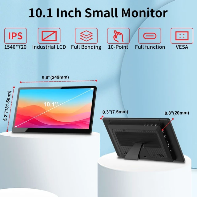 Alt view image 2 of 7 - 10.1 Inch Touchscreen Mini Monitor, IPS 1540×720 USB-C HDMI Portable Secondary Display with Stand & Speaker, Stretched Bar Screen for PC Laptop Rasp PI AIDA64 STEM DIY