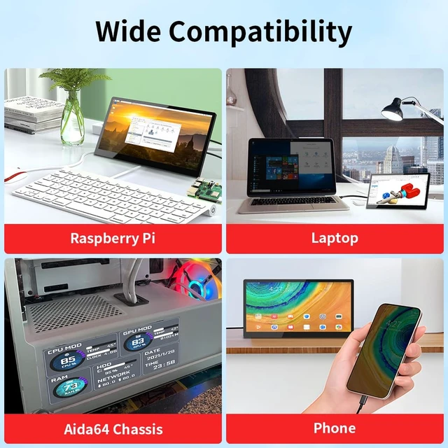 Alt view image 7 of 7 - 10.1 Inch Touchscreen Mini Monitor, IPS 1540×720 USB-C HDMI Portable Secondary Display with Stand & Speaker, Stretched Bar Screen for PC Laptop Rasp PI AIDA64 STEM DIY