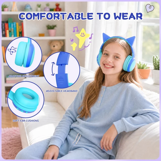 Alt view image 2 of 5 - Kids Bluetooth Headphones, Over-Ear Toddler Headphones with Microphone, 85dB/94dB Volume Limited, 68H Playtime, Bluetooth 6.0, Portable Kids Wireless Headset with Cat Ears (Blue)