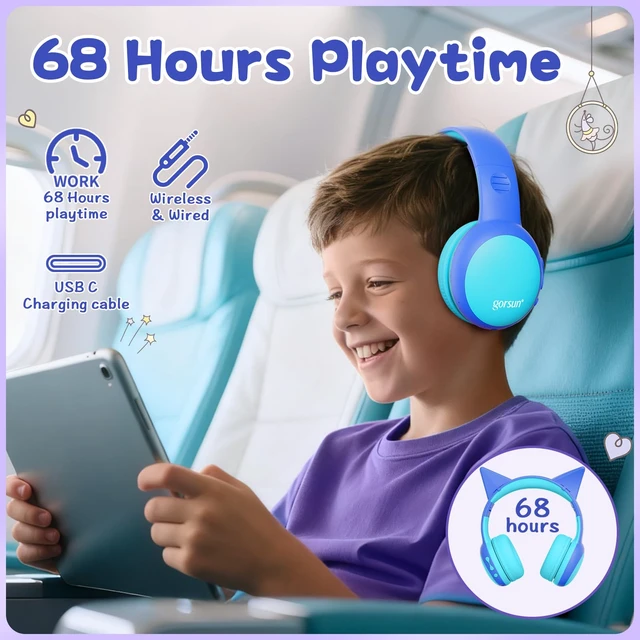 Alt view image 3 of 5 - Kids Bluetooth Headphones, Over-Ear Toddler Headphones with Microphone, 85dB/94dB Volume Limited, 68H Playtime, Bluetooth 6.0, Portable Kids Wireless Headset with Cat Ears (Blue)