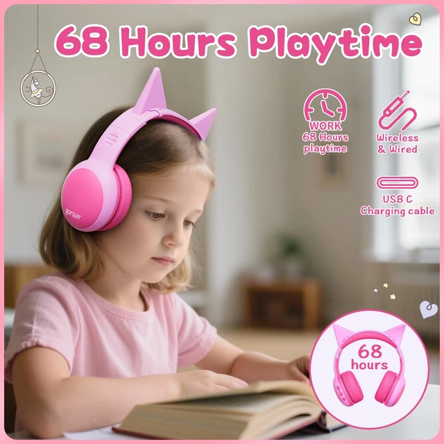 Alt view image 3 of 6 - Kids Bluetooth Headphones, Over-Ear Toddler Headphones with Microphone, 85dB/94dB Volume Limited, 68H Playtime, Bluetooth 6.0, Portable Kids Wireless Headset with Cat Ears (Pink)