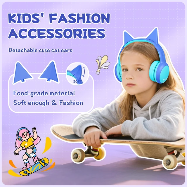 Alt view image 4 of 5 - Kids Bluetooth Headphones, Over-Ear Toddler Headphones with Microphone, 85dB/94dB Volume Limited, 68H Playtime, Bluetooth 6.0, Portable Kids Wireless Headset with Cat Ears (Blue)