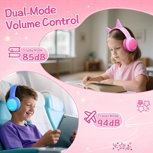 Alt view image 2 of 6 - Kids Bluetooth Headphones, Over-Ear Toddler Headphones with Microphone, 85dB/94dB Volume Limited, 68H Playtime, Bluetooth 6.0, Portable Kids Wireless Headset with Cat Ears (Pink)