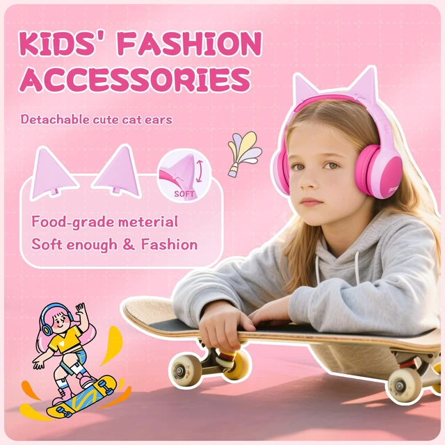 Alt view image 4 of 6 - Kids Bluetooth Headphones, Over-Ear Toddler Headphones with Microphone, 85dB/94dB Volume Limited, 68H Playtime, Bluetooth 6.0, Portable Kids Wireless Headset with Cat Ears (Pink)