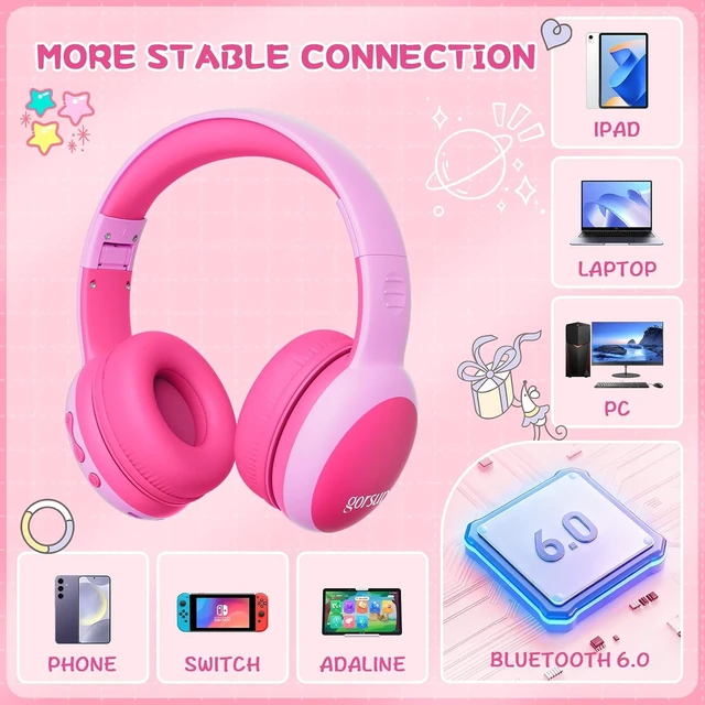 Alt view image 5 of 6 - Kids Bluetooth Headphones, Over-Ear Toddler Headphones with Microphone, 85dB/94dB Volume Limited, 68H Playtime, Bluetooth 6.0, Portable Kids Wireless Headset with Cat Ears (Pink)