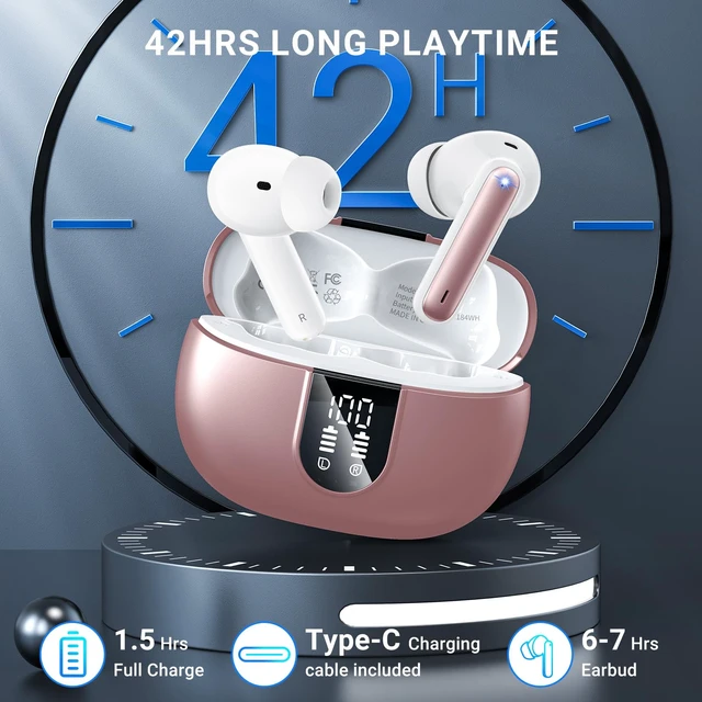 Alt view image 3 of 7 - Wireless Earbuds, 2024 Wireless Headphones HiFi Stereo Earphones with 4 ENC Noise Canceling Mic, 42Hs Playtime In Ear Earbud, Bluetooth 5.3 Sport Earphones with LED Power Display for Android iOS Pink
