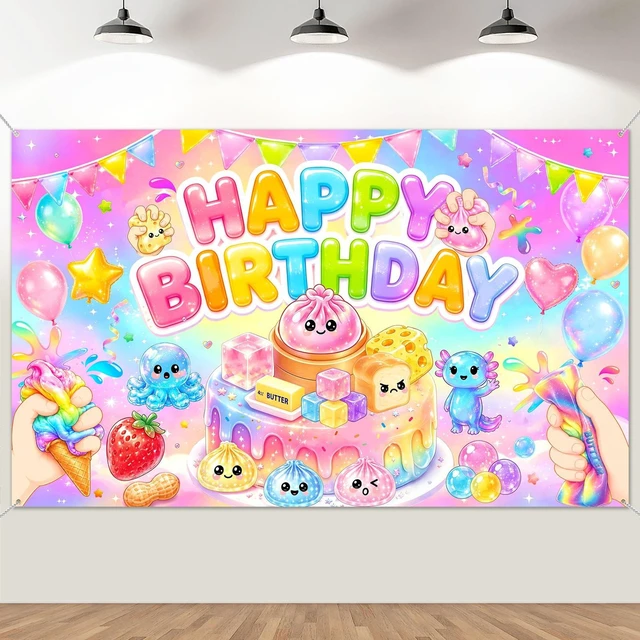 Main image of Kawaii Squishy Birthday Decorations 70.8 x 43.3 Inches Squishy Themed Backdrop Slow Rising Dumpling Cheese Dimsum Squishy Party Decorations for Birthday