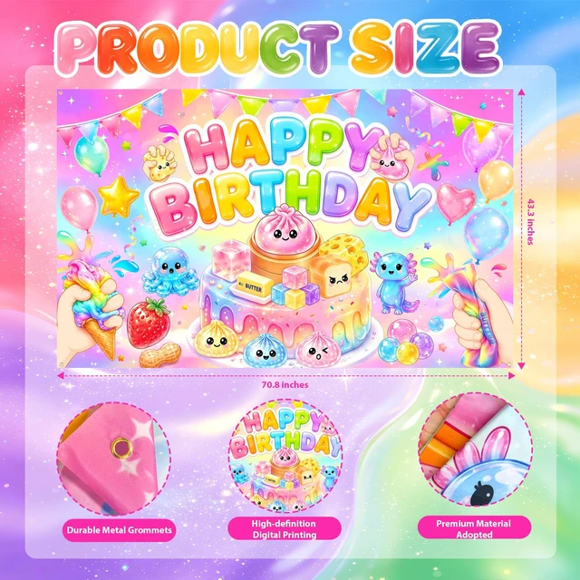 Alt view image 2 of 7 - Kawaii Squishy Birthday Decorations 70.8 x 43.3 Inches Squishy Themed Backdrop Slow Rising Dumpling Cheese Dimsum Squishy Party Decorations for Birthday