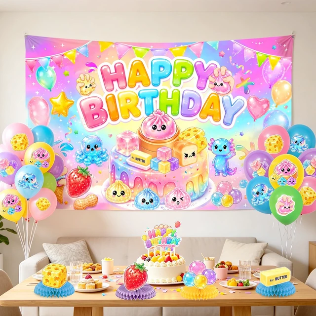 Alt view image 4 of 7 - Kawaii Squishy Birthday Decorations 70.8 x 43.3 Inches Squishy Themed Backdrop Slow Rising Dumpling Cheese Dimsum Squishy Party Decorations for Birthday