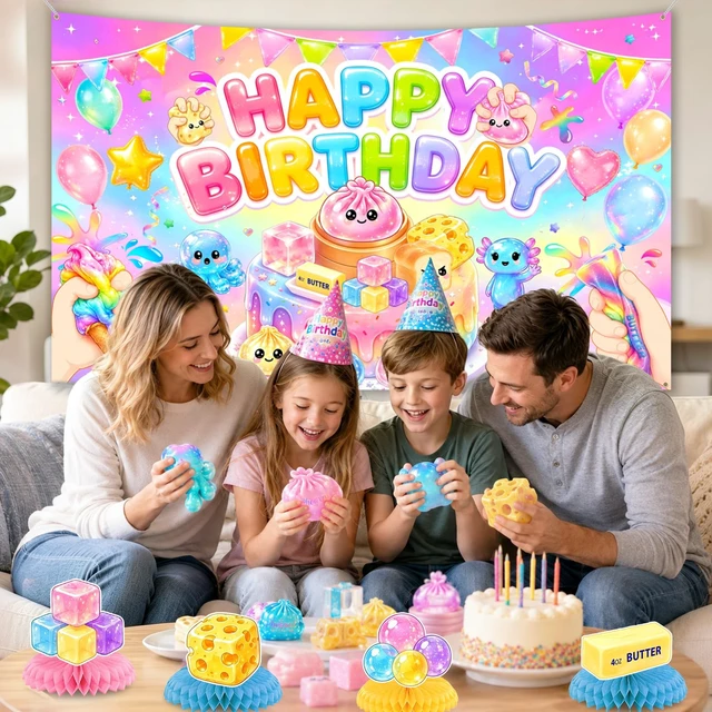 Alt view image 5 of 7 - Kawaii Squishy Birthday Decorations 70.8 x 43.3 Inches Squishy Themed Backdrop Slow Rising Dumpling Cheese Dimsum Squishy Party Decorations for Birthday
