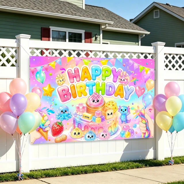 Alt view image 7 of 7 - Kawaii Squishy Birthday Decorations 70.8 x 43.3 Inches Squishy Themed Backdrop Slow Rising Dumpling Cheese Dimsum Squishy Party Decorations for Birthday