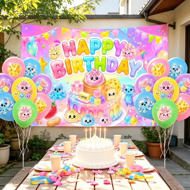 Alt view image 6 of 7 - Kawaii Squishy Birthday Decorations 70.8 x 43.3 Inches Squishy Themed Backdrop Slow Rising Dumpling Cheese Dimsum Squishy Party Decorations for Birthday