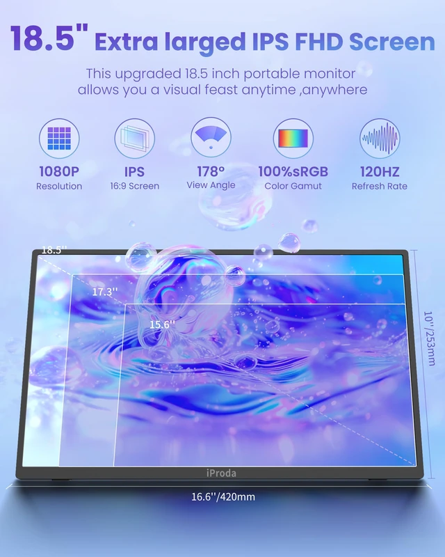 Alt view image 2 of 7 - 18.5 inch Portable Monitor 120Hz FHD 1080P Ultra-Slim External Screen USB C HDMI Plug & Play,Travel Monitor with Kickstand & Speakers,External Monitor for Laptop PC Phone PS4/5 Xbox Switch