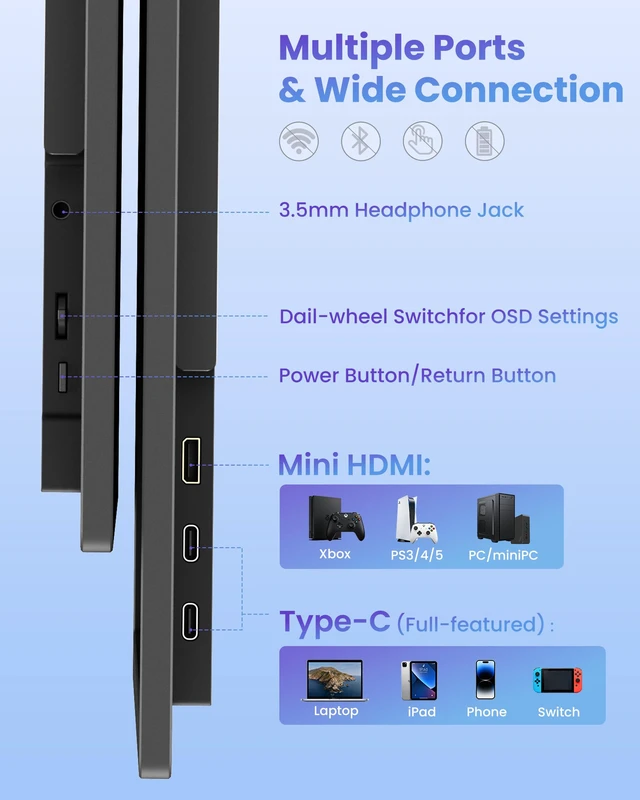 Alt view image 4 of 7 - 18.5 inch Portable Monitor 120Hz FHD 1080P Ultra-Slim External Screen USB C HDMI Plug & Play,Travel Monitor with Kickstand & Speakers,External Monitor for Laptop PC Phone PS4/5 Xbox Switch
